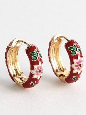 14K Gold Plated Red Floral Enamel Hoop Earrings Stainless Steel Womens Jewelry